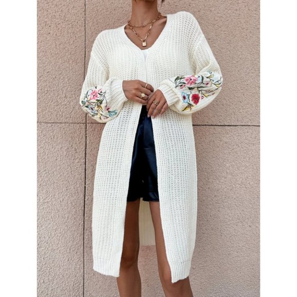 Floral Embroidered long sleeved open front knit Duster sweater Cardigan - Picture 6 of 7